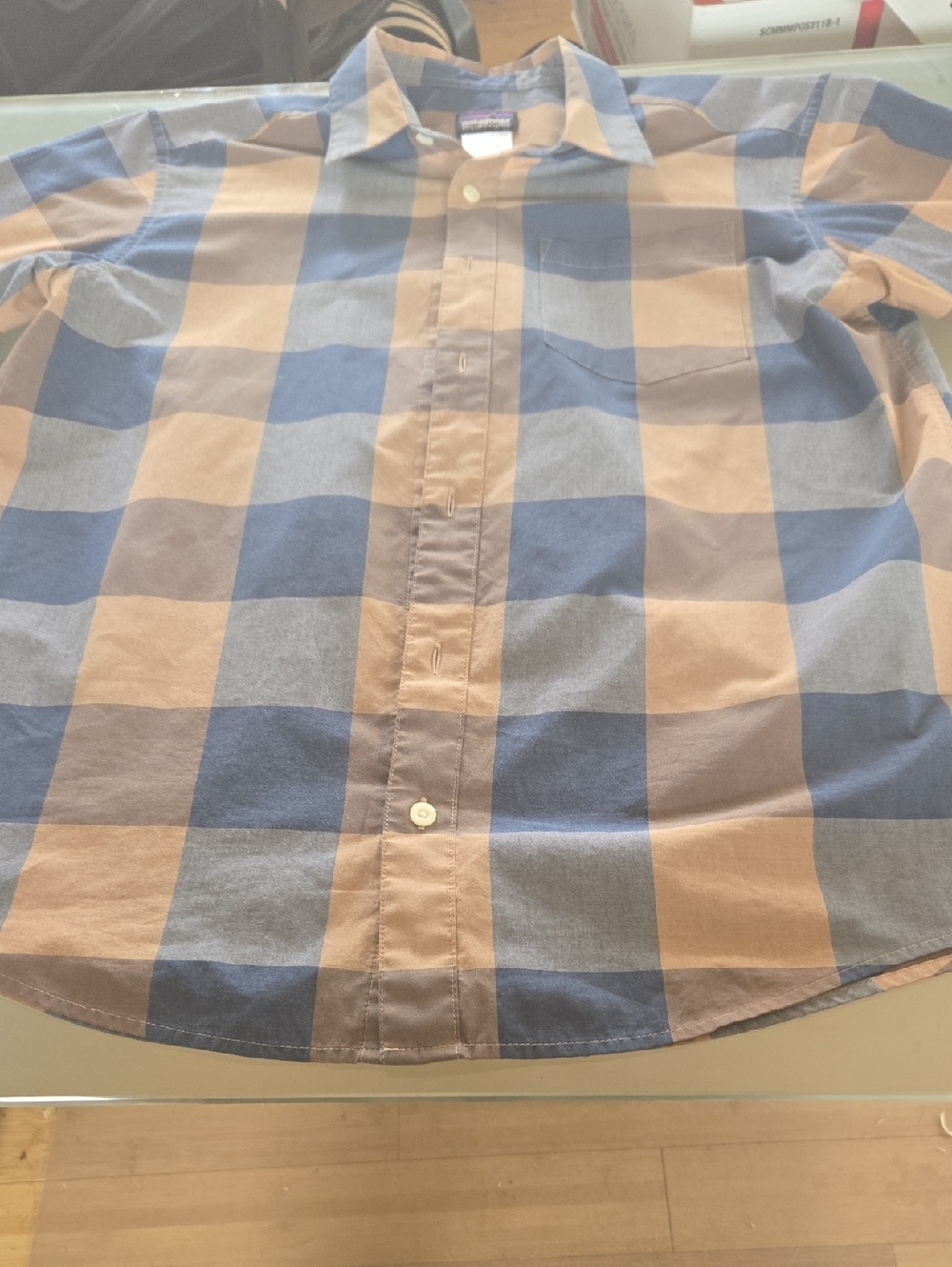 Patagonia Men's Blue and Tan Large-Check Button-Up Shirt